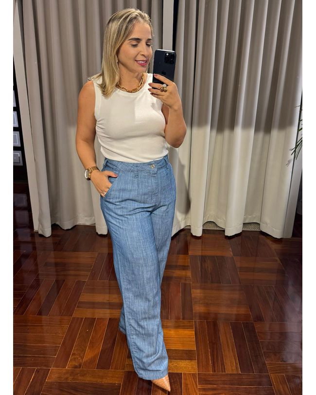 Calça Feminina Loopper Jeans Claro Wideleg Pantalona
