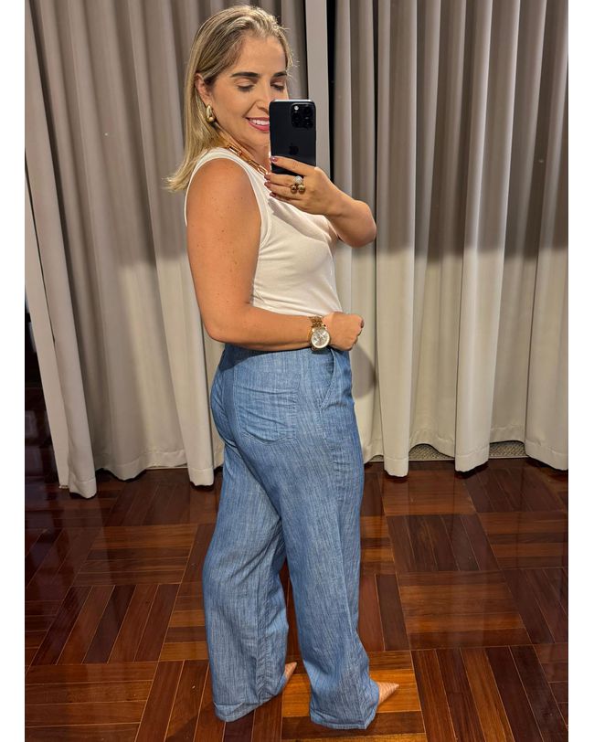 Calça Feminina Loopper Jeans Claro Wideleg Pantalona