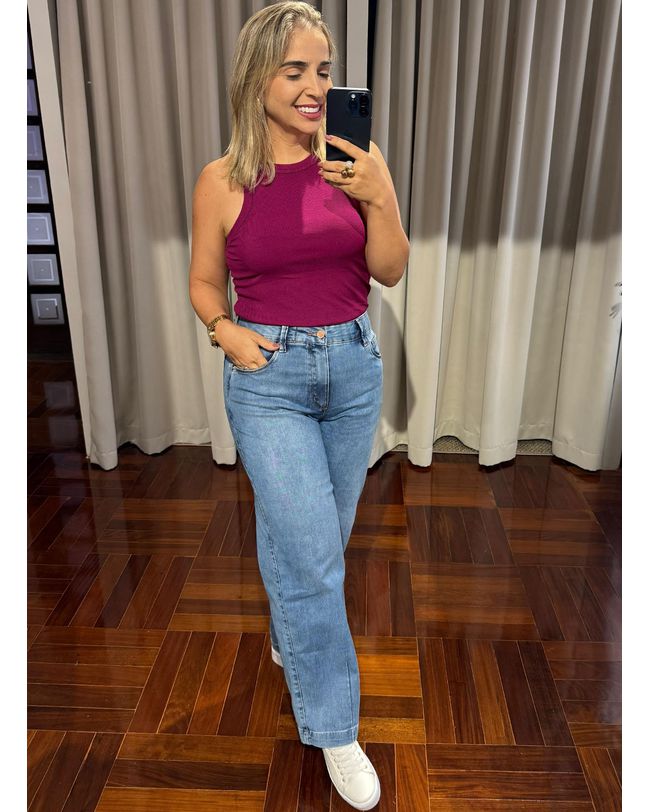 Calça Loopper Feminina Jeans Claro Wideleg Media