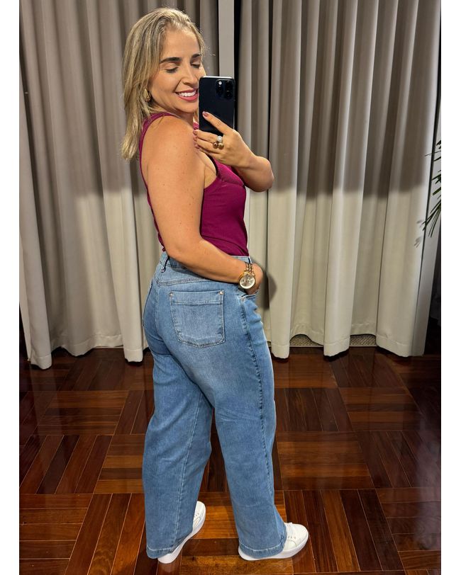 Calça Loopper Feminina Jeans Claro Wideleg Media