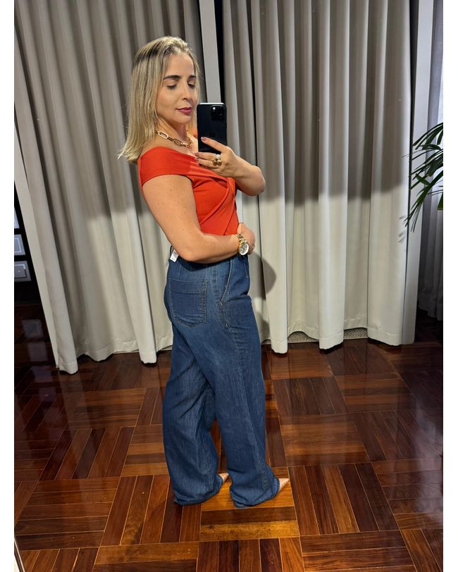 Calça Feminina Jeans Escuro Wideleg Pantalona Loopper 