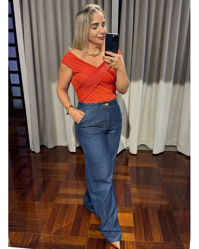 Calça Feminina Jeans Escuro Wideleg Pantalona Loopper 