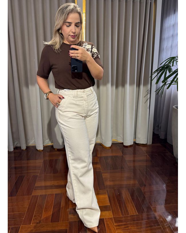 Calça Feminina Wideleg Loopper Sarja Cru Natural