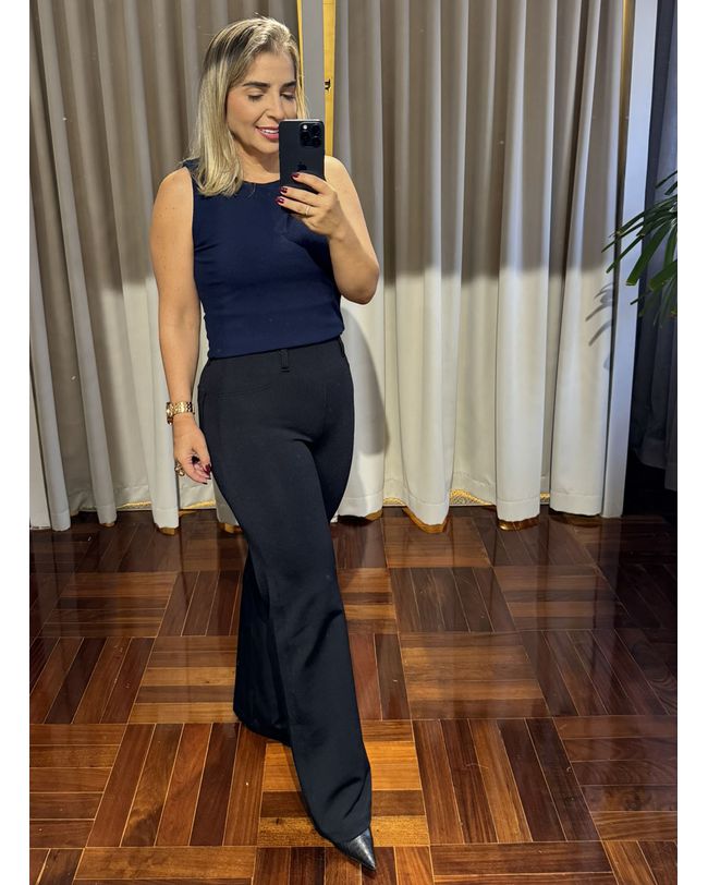 Calça Feminina Wideleg Preta Malha Poliamida Loopper