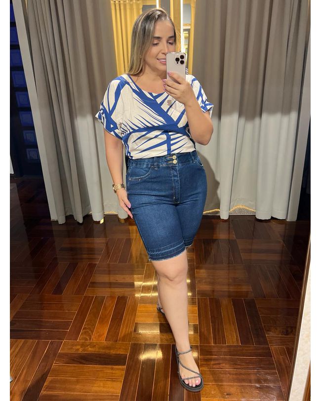 Bermuda Feminina Jeans Escuro Loopper Cintura Alta