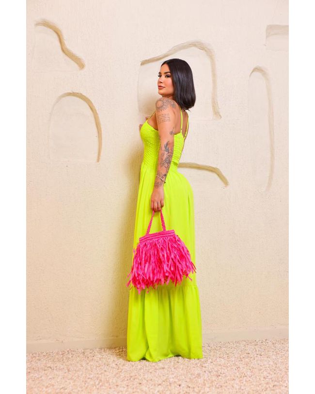 Vestido Feminino Longo Lastex Amarelo Lima