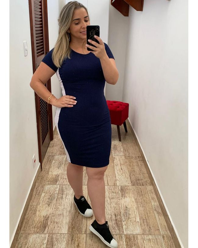 VESTIDO MIDI TUBINHO AZUL MARINHO MIDI MALHA CANELADO