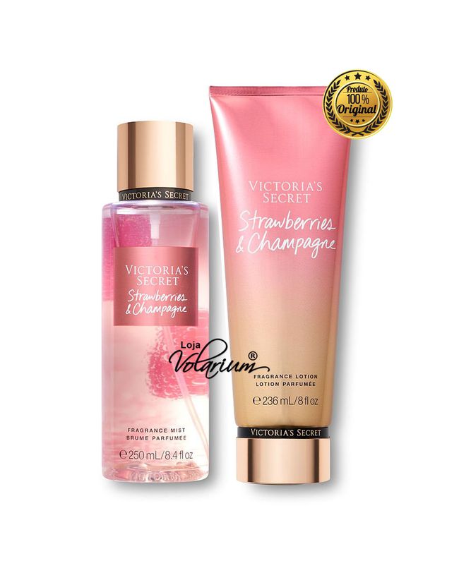 KIT MORANGO COM CHAMPAGNE VICTORIA SECRET CREME E COLONIA BODY SPLASH ORIGINAL 