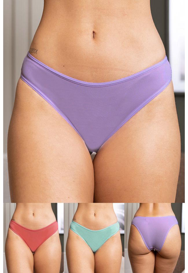 Kit 3 Calcinhas Frelith Canelados Coral Lilas Verd... - FRELITH