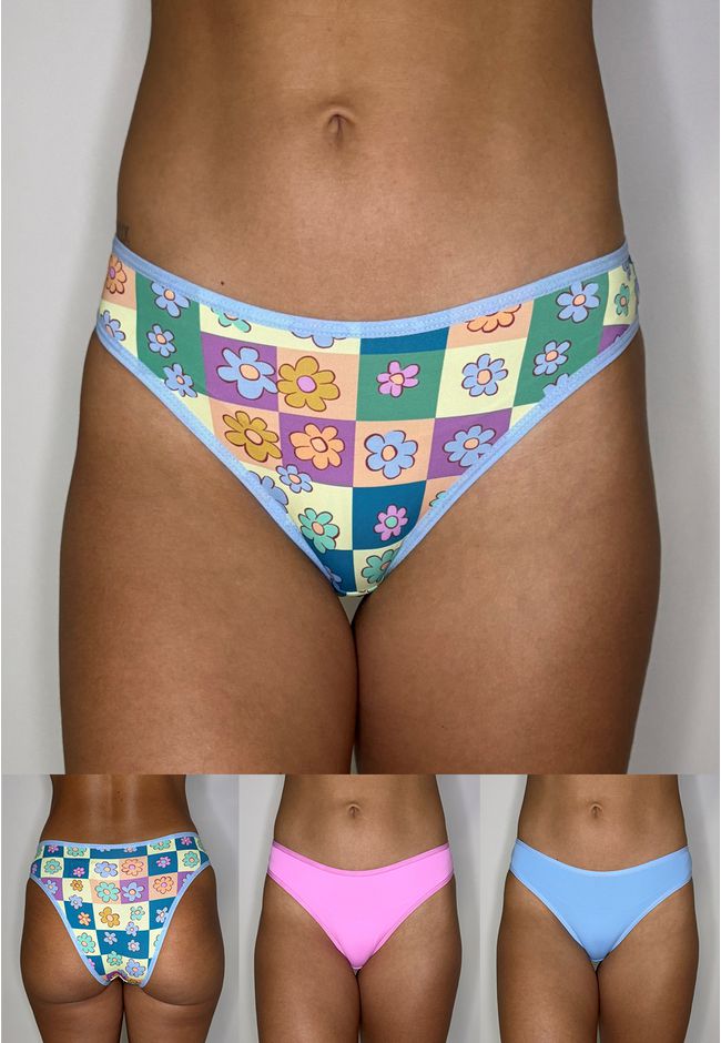 Kit 3 Calcinhas Frelith Floral Azul e Rosa - ESTAM... - FRELITH