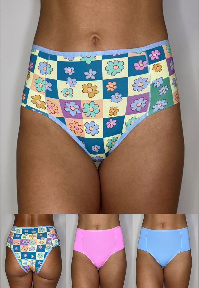 Kit 3 Calcinhas Frelith Floral Azul e Rosa - ESTAM... - FRELITH