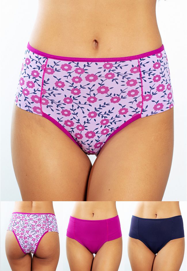 Kit 3 Calcinhas Frelith Floral, Fúcsia e Marinho -... - FRELITH