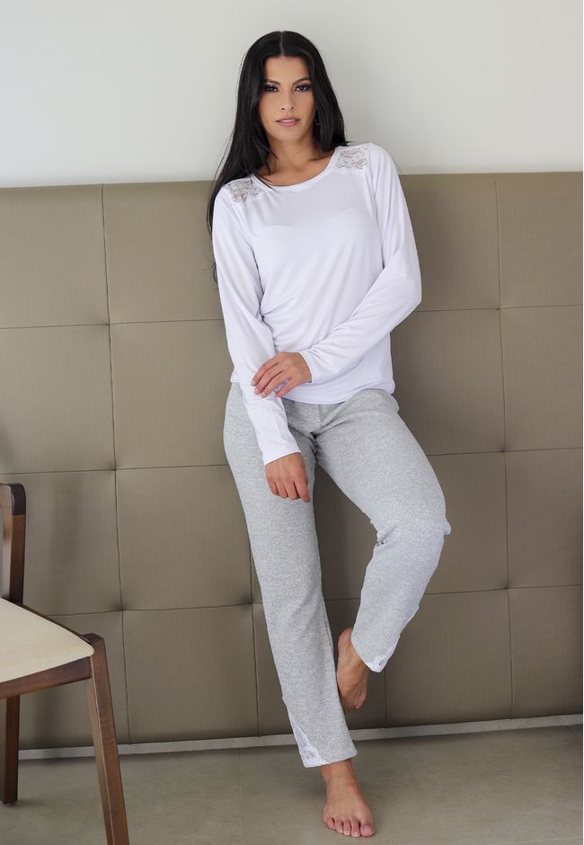 Pijama Inverno Frelith Branco e Mescla Flanelado e... - FRELITH