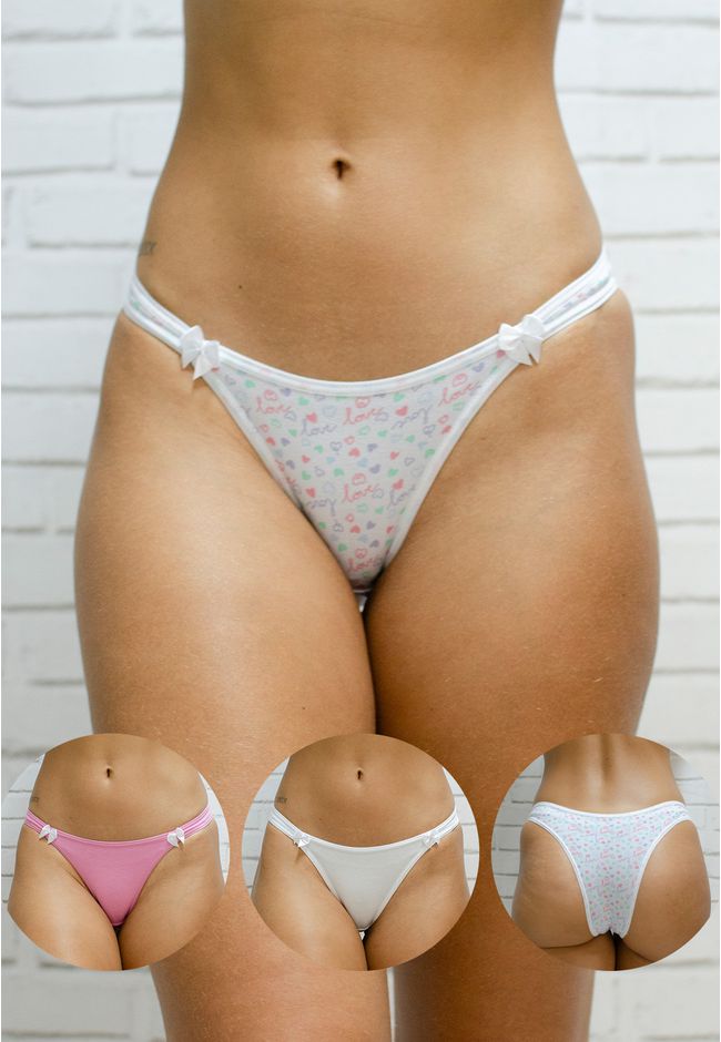 Kit 3 Calcinhas Frelith Love Rosa e Branco - ESTAMPADA