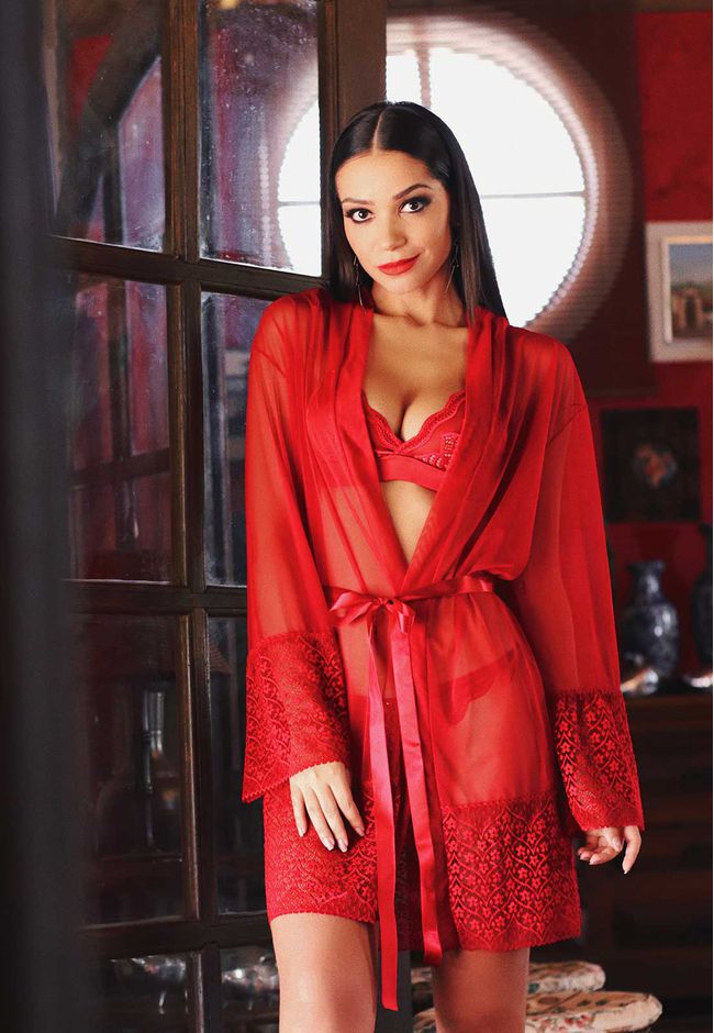 Robe Frelith Tule Transparente Renda Barra - VERME... - FRELITH