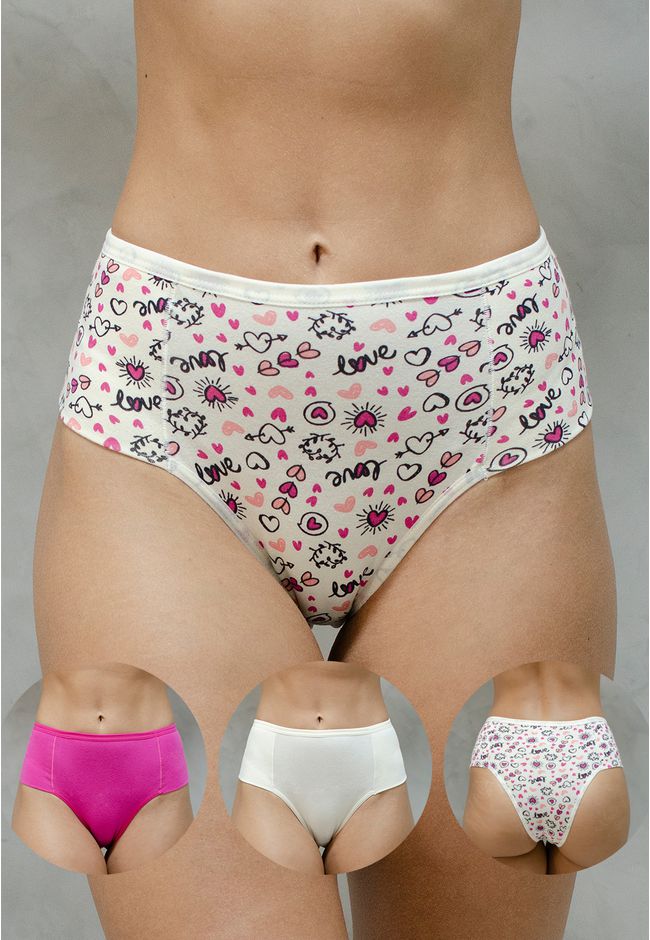 Kit 3 Calcinhas Frelith Love corações Pink e Marfi... - FRELITH