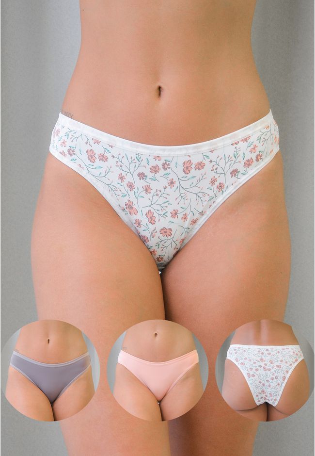 Kit 3 Calcinhas Frelith Floral Roxo e Rosê em Microfibra - ESTAMPADA