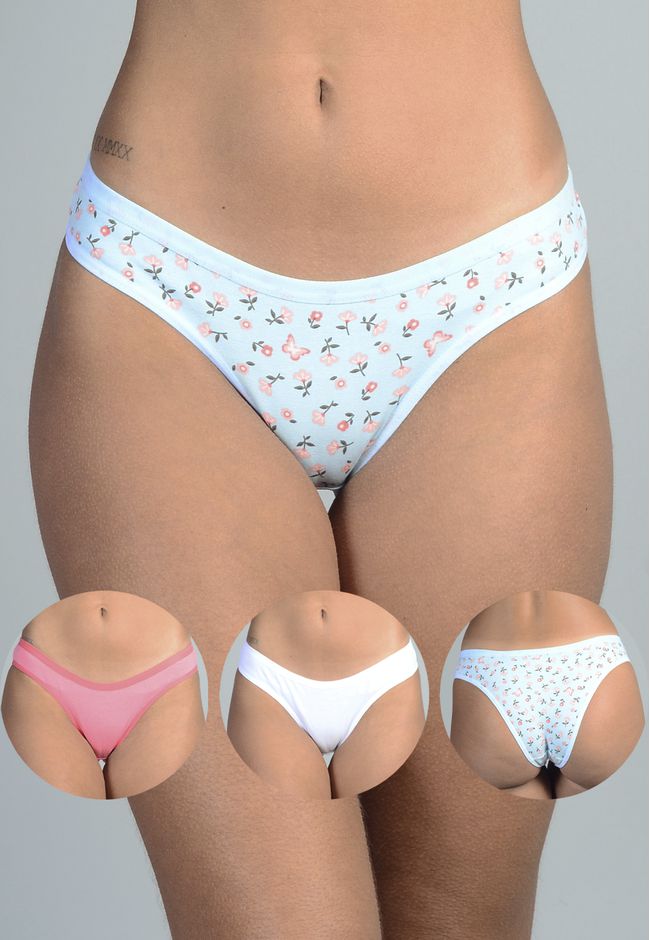 Kit 3 Calcinhas Frelith Floral, Coral e Branco em ... - FRELITH