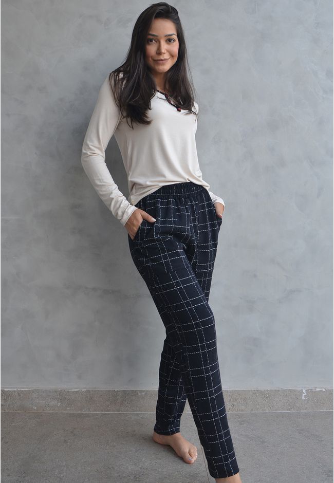 Pijama Inverno Frelith Liso e Xadrez Preto em Visc... - FRELITH