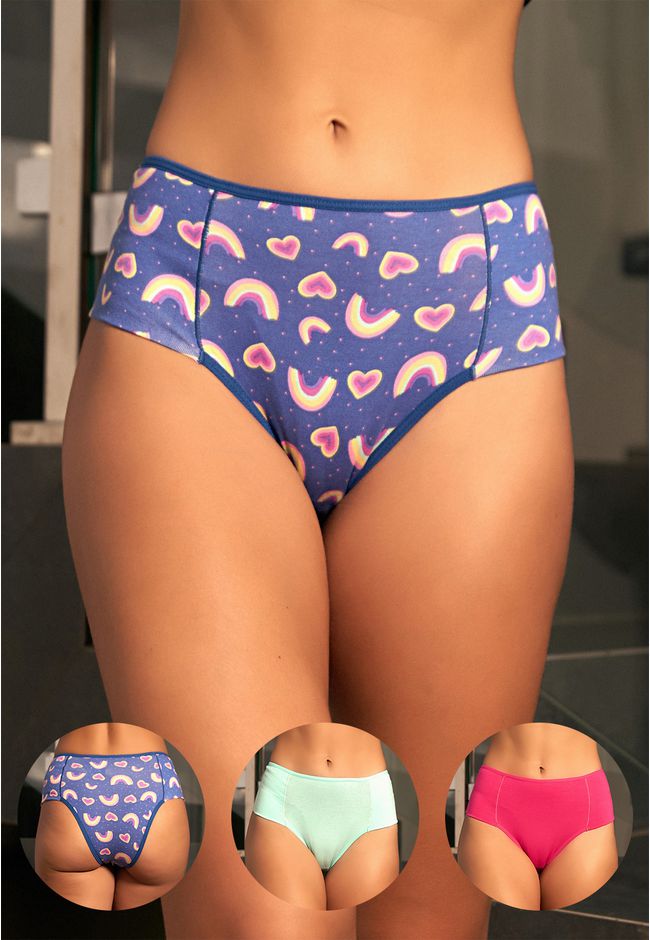 Kit 3 Calcinhas Frelith Arco Íris Verde e Pink - ESTAMPADA