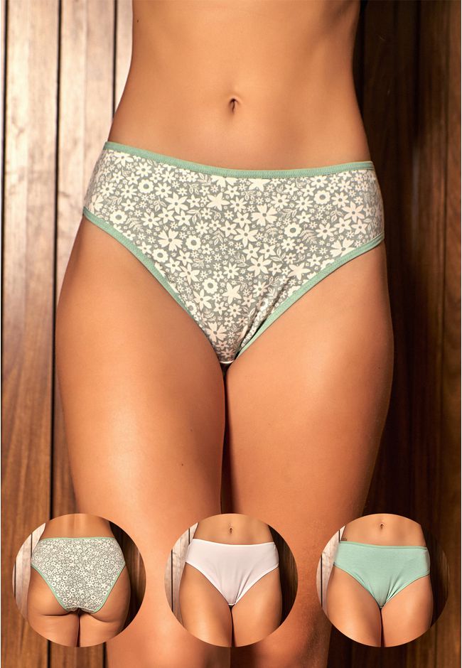 Kit 3 Calcinhas Frelith Floral Verde e Branco - ES... - FRELITH