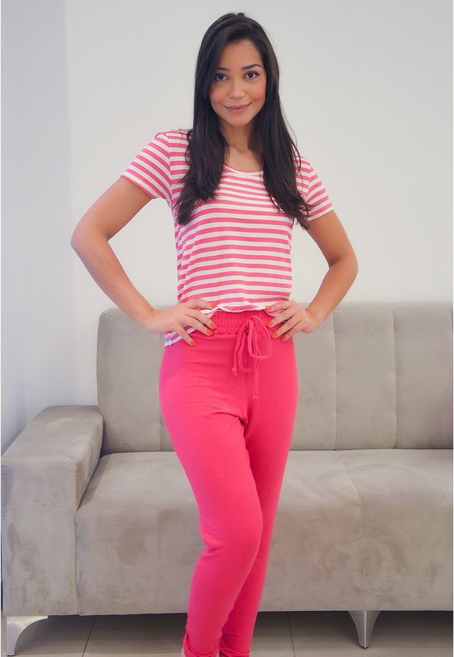 Pijama Meia Estação Listras Pink em Viscolycra - E... - FRELITH