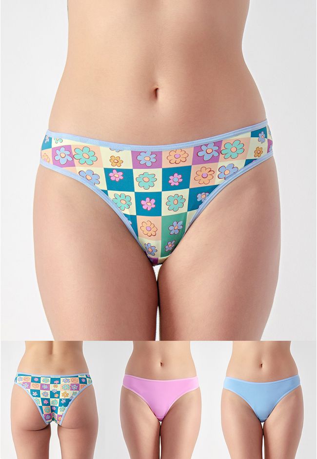 Kit 3 Calcinhas Frelith Floral Azul e Rosa - ESTAM... - FRELITH