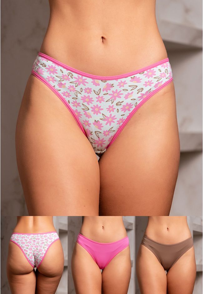Kit 3 Calcinhas Frelith Floral Castanho e Rosa - E... - FRELITH