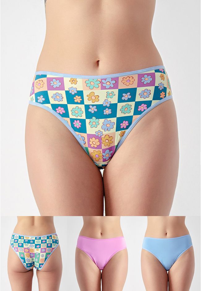 Kit 3 Calcinhas Frelith Floral Azul e Rosa - ESTAM... - FRELITH