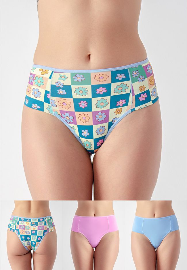 Kit 3 Calcinhas Frelith Floral Azul e Rosa - ESTAM... - FRELITH