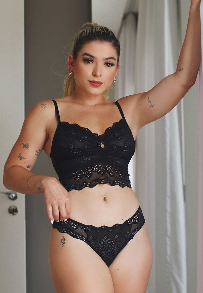 Conjunto Top Franzido e Calcinha Fio em Renda - PR... - FRELITH