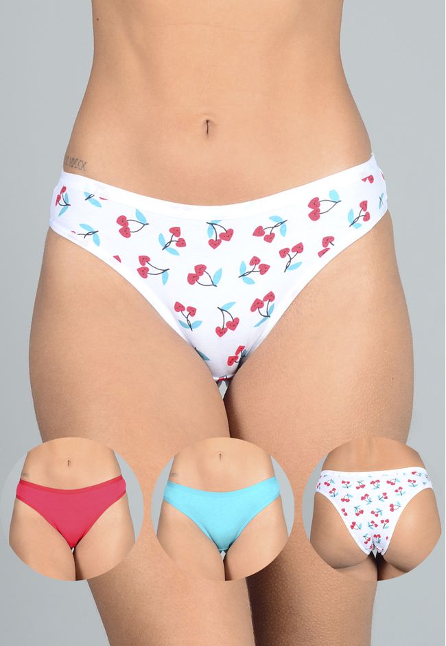 Kit 3 Calcinhas Cerejas, Vermelho e Verde em Cotto... - FRELITH