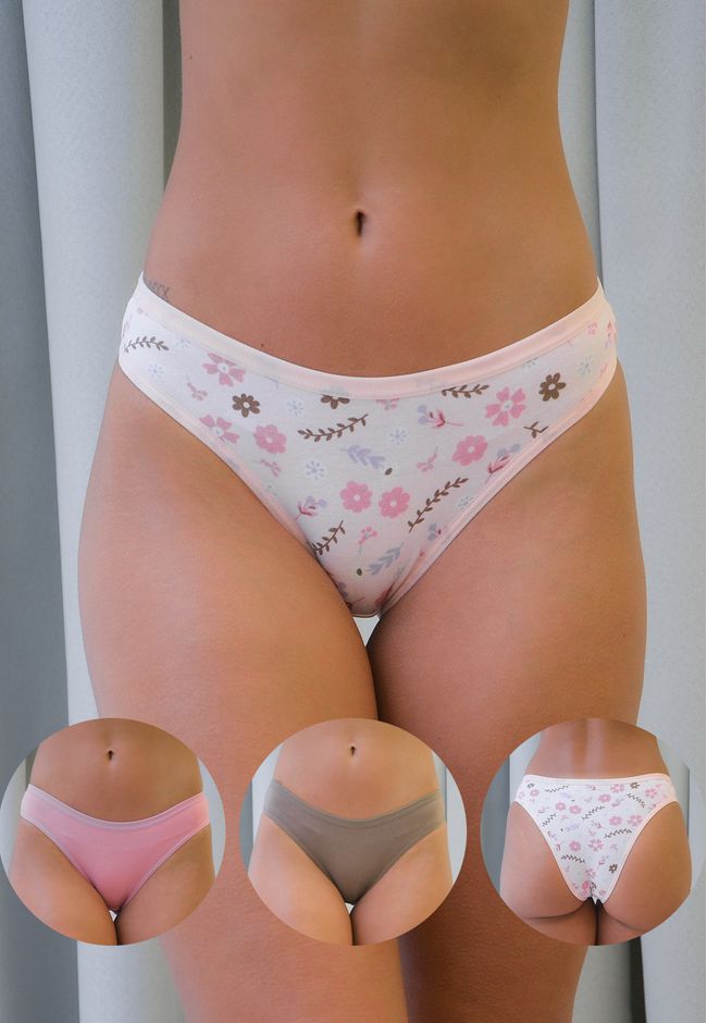 Kit 3 Calcinhas Frelith Floral Castanho e Rosa em ... - FRELITH