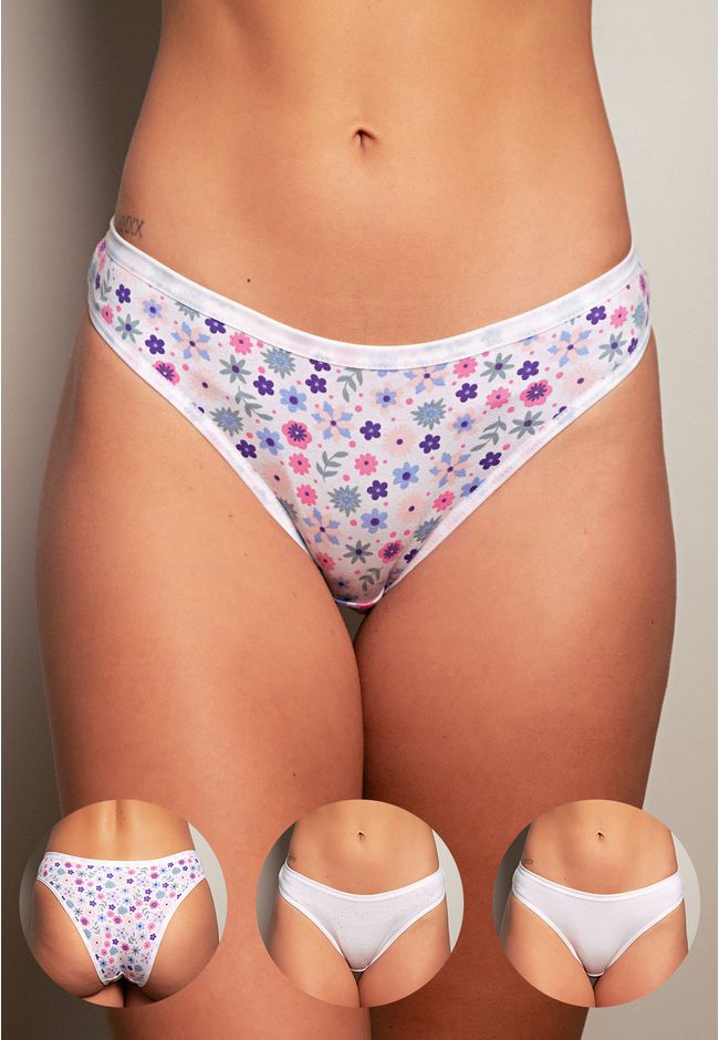 Kit 3 Calcinhas Frelith Floral, Confete e Branco -... - FRELITH