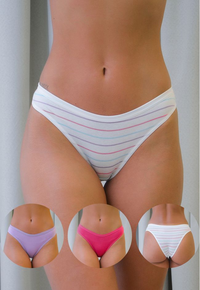 Kit 3 Calcinhas Frelith Listras Color Pink e Lilás... - FRELITH