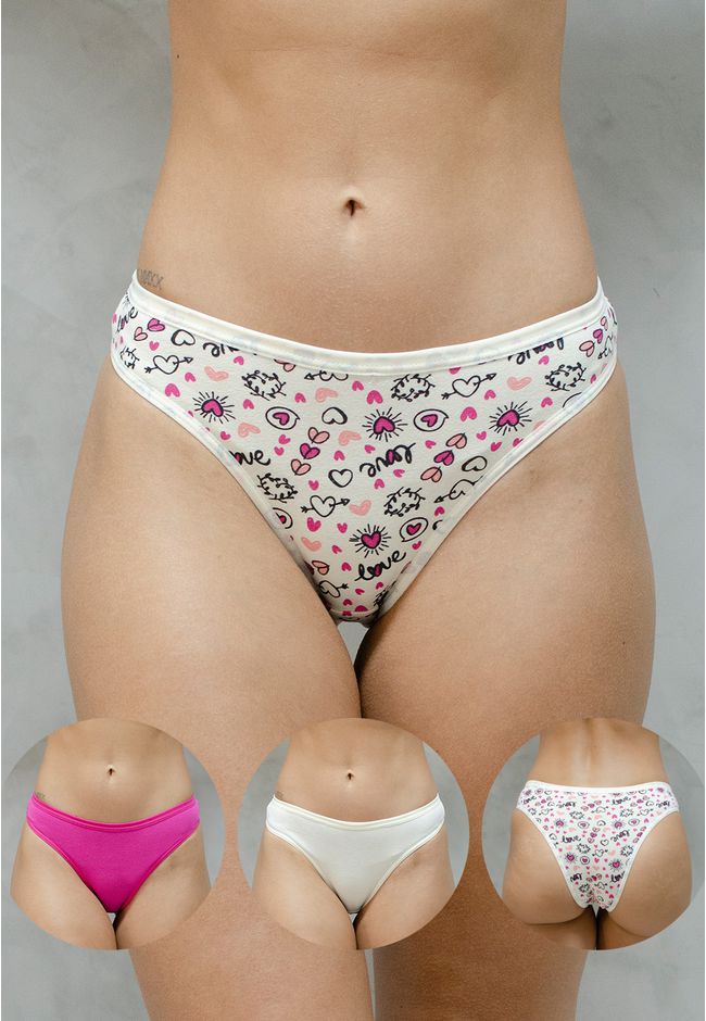Kit 3 Calcinhas Frelith Love Corações Pink e Marfi... - FRELITH