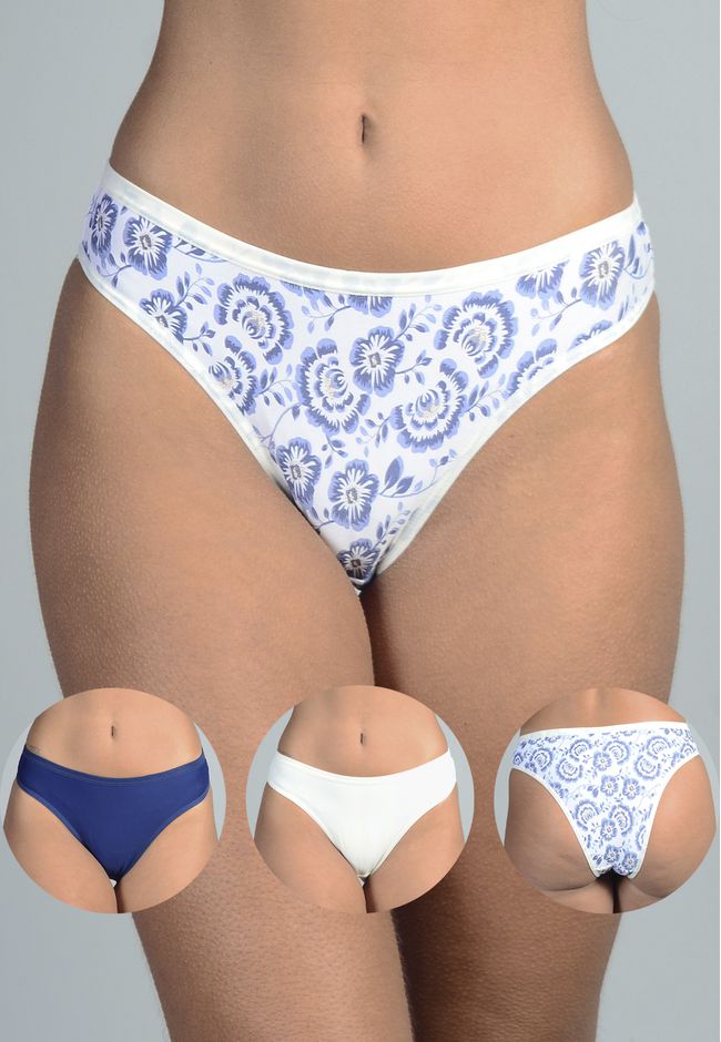 Kit 3 Calcinhas Floral, Marfim e Azul Marinho em M... - FRELITH