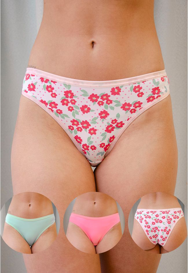 Kit 3 Calcinhas Frelith Floral Verde e Rosa - ESTA... - FRELITH