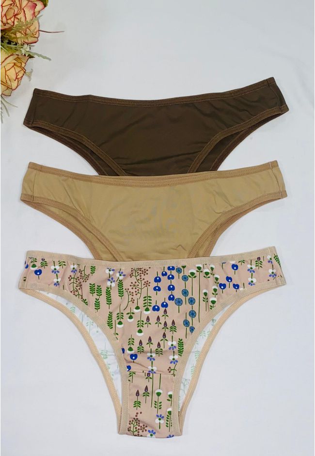 Kit 3 Calcinhas Frelith Mix Flores Chocolate e Cas... - FRELITH