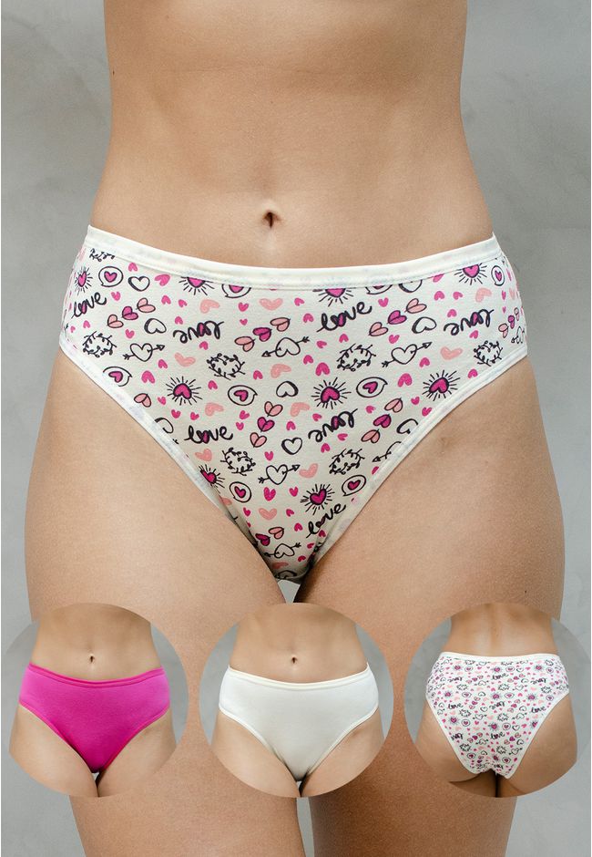 Kit 3 Calcinhas Frelith Love Corações Pink e Marfi... - FRELITH