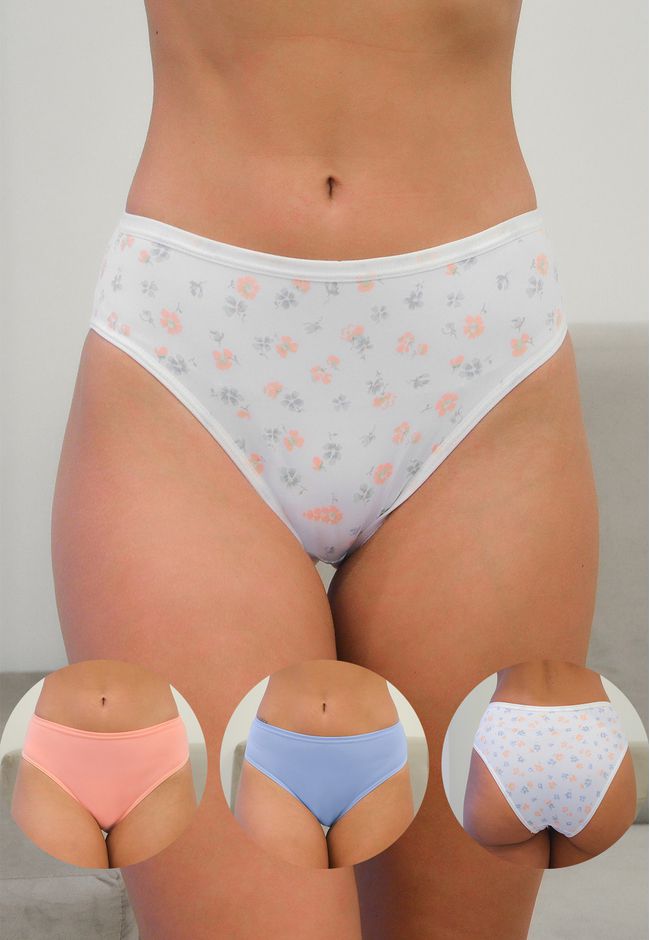 Kit 3 Calcinhas Frelith Floral Azul e Coral em Mic... - FRELITH