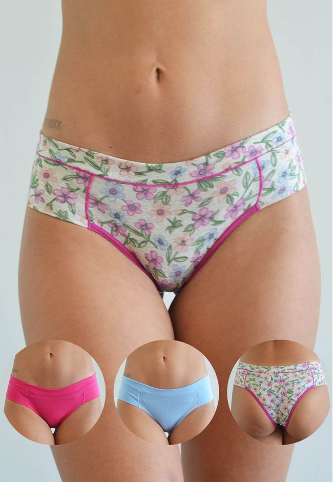 Kit 3 Calcinhas Frelith Floral, Azul e Pink em Cot... - FRELITH