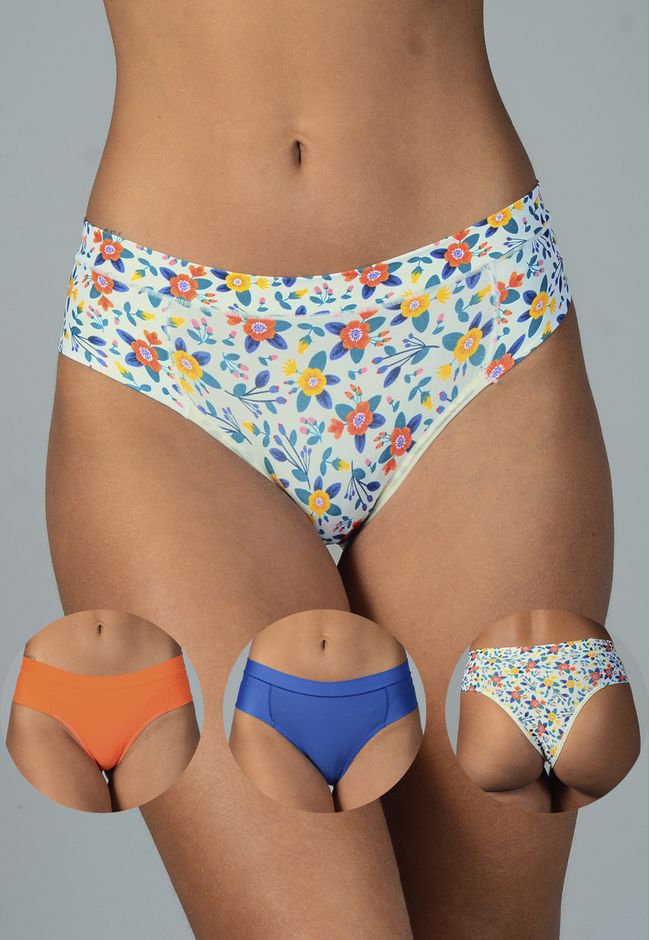Kit 3 Calcinhas Floral, Laranja e Azul em Microfib... - FRELITH