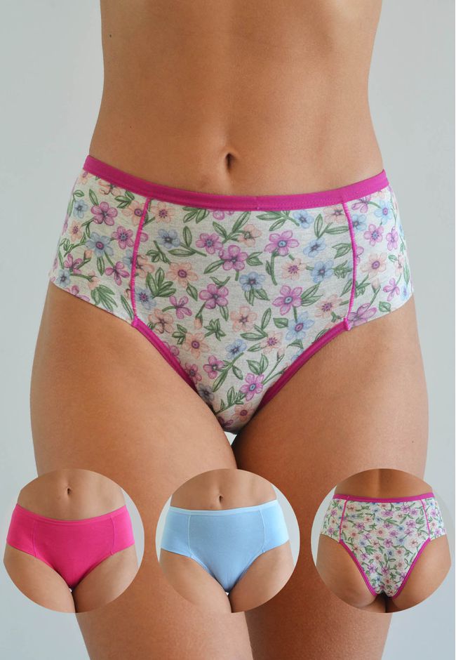 Kit 3 Calcinhas Frelith Floral, Azul e Pink em Cot... - FRELITH