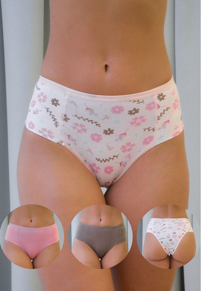 Kit 3 Calcinhas Frelith Floral Rosa Castanho em Co... - FRELITH