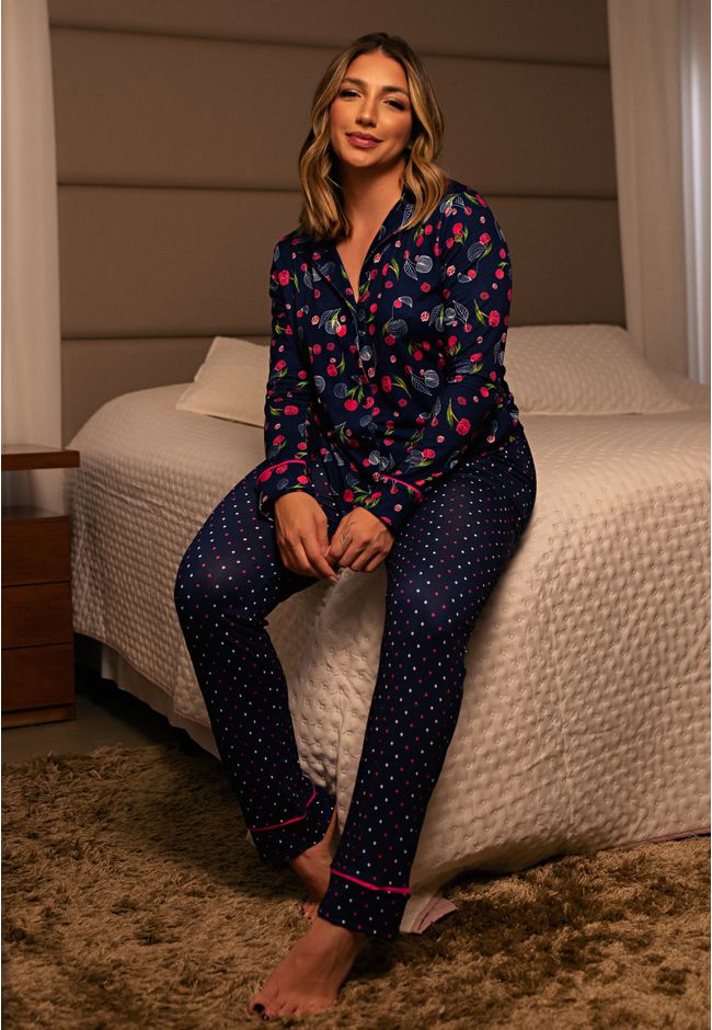 Pijama Inverno Frelith Cerejas com Botões e Filete... - FRELITH