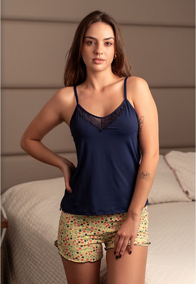 Pijama Verão Sophie Frelith Marinho com Floral - E... - FRELITH