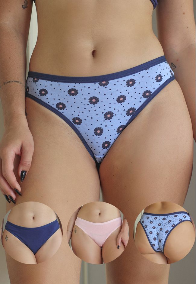 Kit 3 Calcinhas Florzinhas e Bolinhas, Azul Marinh... - FRELITH
