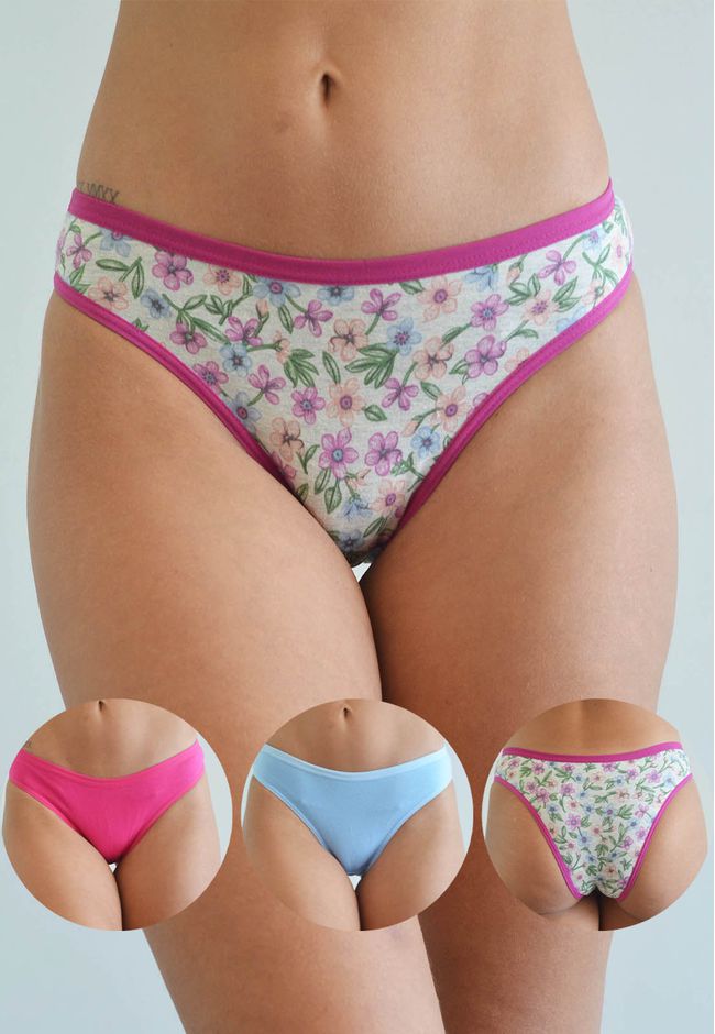 Kit 3 Calcinhas Frelith Floral, Azul e Pink em Cot... - FRELITH