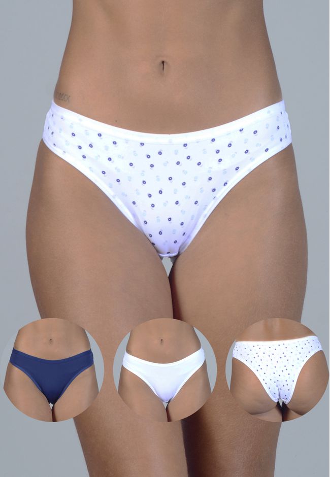 Kit 3 Calcinhas Floral, Azul Marinho e Branco em M... - FRELITH